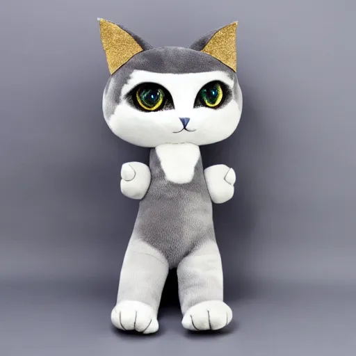 Image similar to gray anthropomorphic, cat female with a whit and chest, wearing a golden crown, big blue eyes, plushy