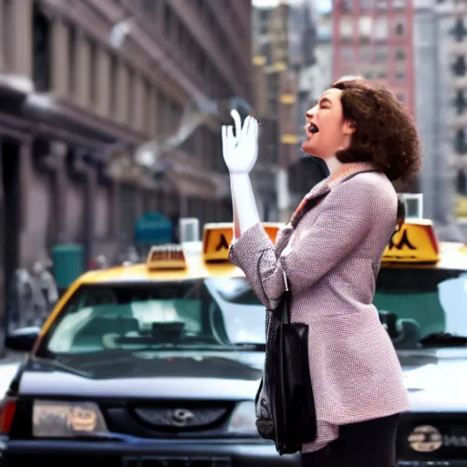 Prompt: female robot hailing a cab in new york