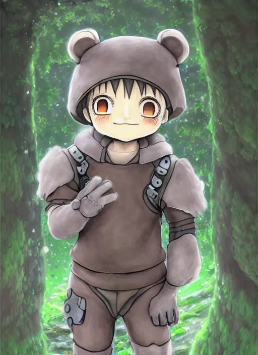 Image similar to beautiful little boy wearing an cyborg bear suit, artwork in kentaro miura and made in abyss and rosdraws, smooth, beautiful lightness, anatomically correct, trending on pixiv, forest