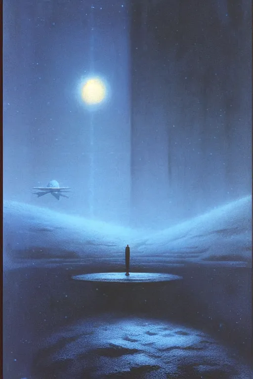 Image similar to emissary space by arthur haas and bruce pennington and john schoenherr, cinematic matte painting, photo realism, dark color palate, blue hour light snow