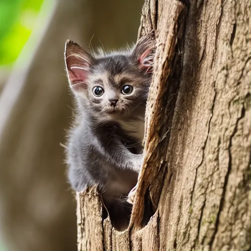 Image similar to a bat kitten, in a tree, Canon EOS R3, telephoto, very detailed, 4k