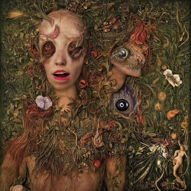 Prompt: a fish eye lense photograph of a grinning alien dryad with goat pupils transforming herself into a beast. her skin is covered in scales and feathers. flowers surround her body. painted by jan van eyck, max ernst and ernst haeckel, trending on artstation, 8 k, award winning, hard lighting, photorealistic painting