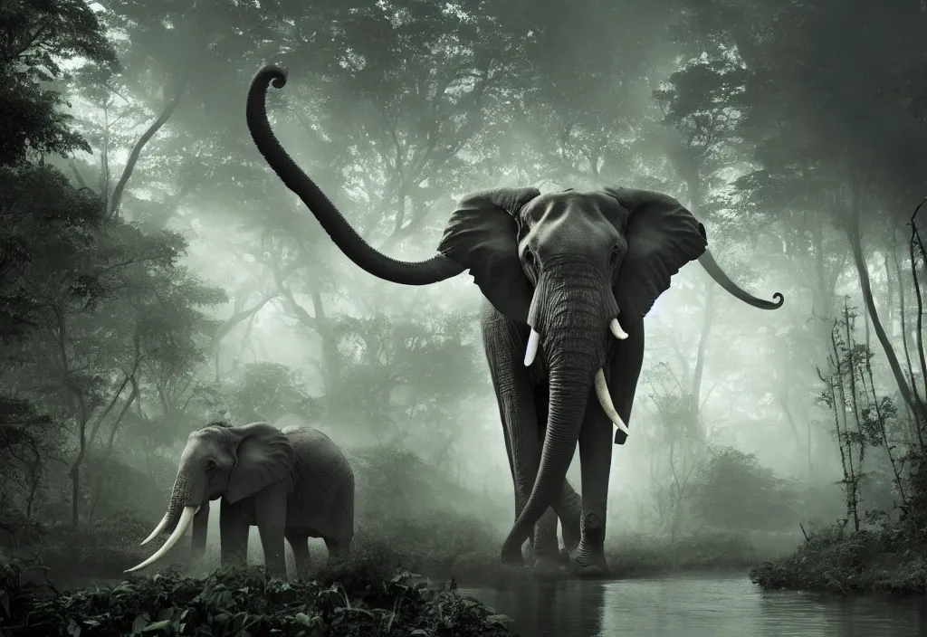 Prompt: an enormous elephant king, huge tentacles, in a jungle with ominous light from above, ambient light, fog, river, symmetrical, poetic