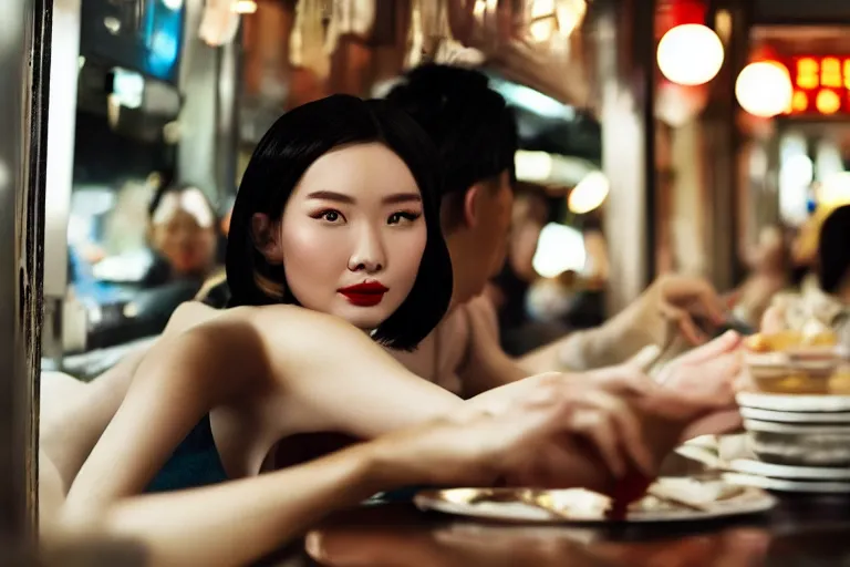 Prompt: movie interior closeup beautiful Chinese fashion model couple closeup joking at 50s diner, night in the city, beautiful skin, by Emmanuel Lubezki