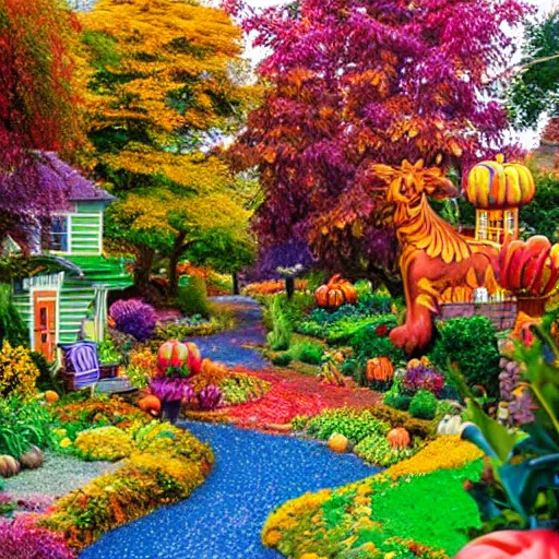 Prompt: Fantastic Vibrant Autumn Fantasy Garden Village Lisa Frank style