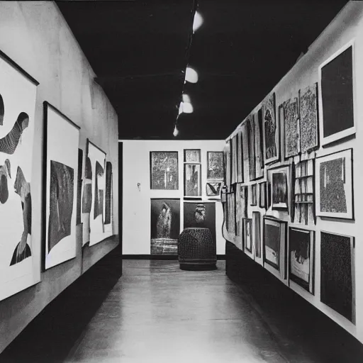 Image similar to A black and white screen print of gallery exhibition view from the 60s, anthropology, colonial, wild, exotic, artifacts, pedestal, ethnography, screen printing