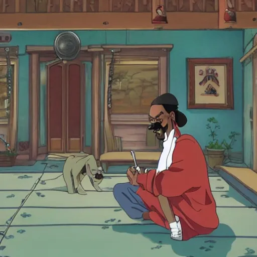 Prompt: snoop dogg smoking a joint at the spirit bathhouse, studio ghibli anime scene, spirit away