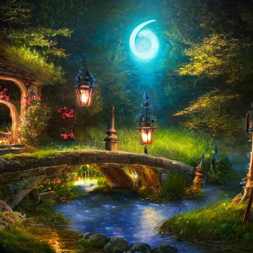 Prompt: painting, high detail, woodland village, in the night, fantasy, crescent moon, stone paths, bridge, water stream, luminous, toadstools, fireflies, fantasy,, flowers, lanterns, mist, highly detailed painting, fine lines, 8 k realistic, sharp focus