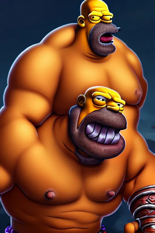 Image similar to a very detailed portrait of homer simpson mixed with garrosh hellscream from warcraft trending on artstation, digital art, 4 k, hyper realistic, splash art, sharp focus