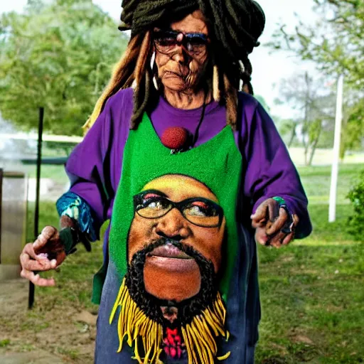 Image similar to Old fashioned grandma smoking marijuana, Rastafarian clothing, dreadlocks, drug rugs, raver