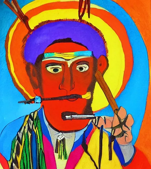 Image similar to Painting of a shaman dressed in a colorful traditional clothes. He is smoking a pipe. From the pipe there is a whole universe escaping and filing the sky