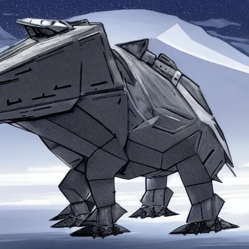 Image similar to a fusion between the tarrasque and an AT-AT, flat grey color, completely metal, imperial symbol, walking across ice planet, firing laser, concept art