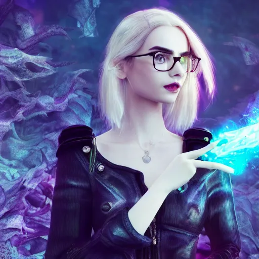 Prompt: abeautiful + blonde + dragon queen + white hair + cool black glasses + holding a pistol + lily collins, floating under the deep dream water, beautiful smooth soft light + white petal, oil paint, cinematic lighting, octane render, unreal engine 5, closeup, 4 k, highly detailed, instagram,