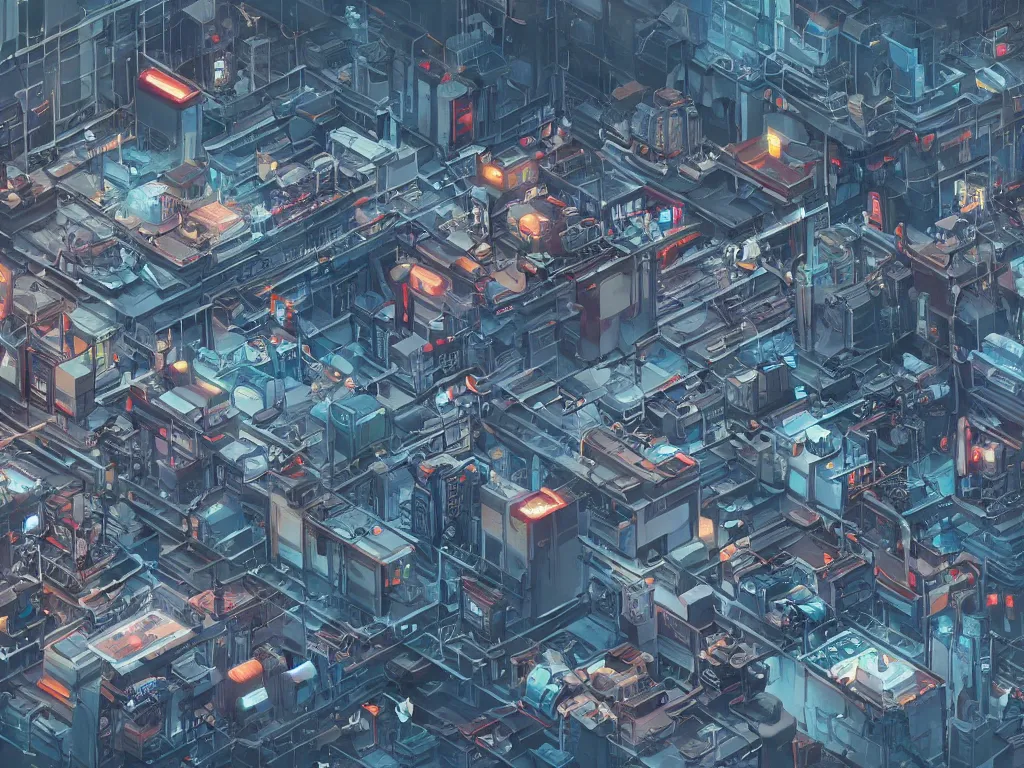 Prompt: isometric view of a cyberpunk factory filled with drone workers, busy, grimy, gritty, blade runner 2 0 4 9, trending on artstation, award winning painting