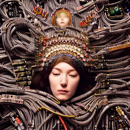 Image similar to tapping in to something greater, piles of modular synth cables, goddess laying down wearing a headpiece made of circuit boards, by cameron gray, wlop, stanley kubrick, masamune, hideki anno, unique perspective, trending on artstation, 3 d render, vivid