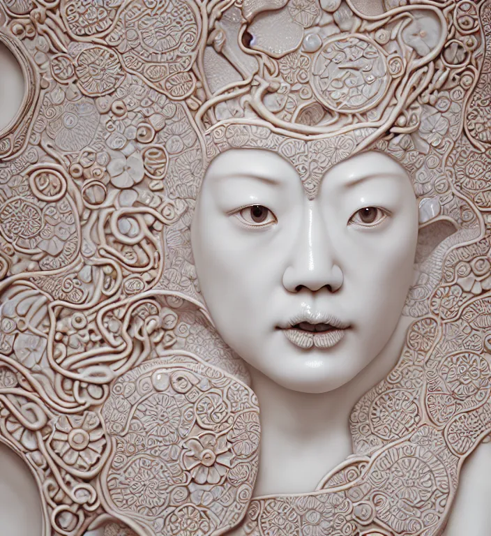 Image similar to Sting , A Close up photo-real delicate ceramic porcelain sculpture of a symmetrical ornate detailed in front of an intricate background by Victo Ngai and takato yamamoto, micro detail, backlit lighting, face in focus, subsurface scattering, translucent, thin porcelain, octane renderer, colorful, physically based rendering, japanese pottery, trending on cgsociety