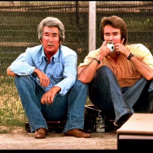 Image similar to randy mantooth and kevin tighe drunk, sitting by a dumpster drinking beer, many empty bottles lie around them