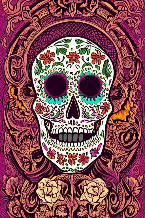 Prompt: Illustration of a sugar skull day of the dead girl, art by kilian eng