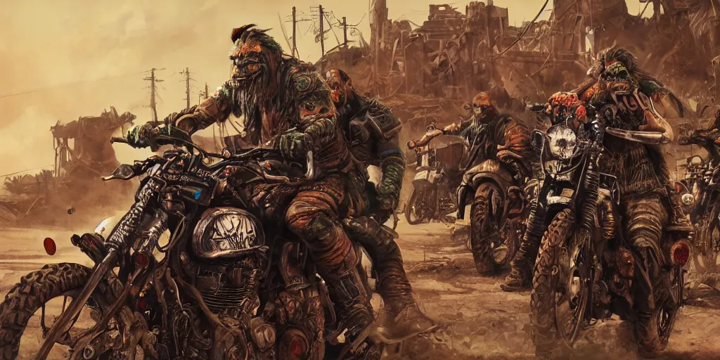 Prompt: psychedelic post apocalyptic orcish biker gang, incredibly detailed motorcycles, sharp focus, psychedelic colors, artstation, cgsociety