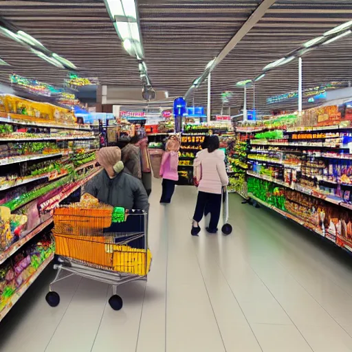 Prompt: long queue at supermarket with lots of food and groceries, photorealistic, ultra-detailed, 4k high resolution, HDR shot