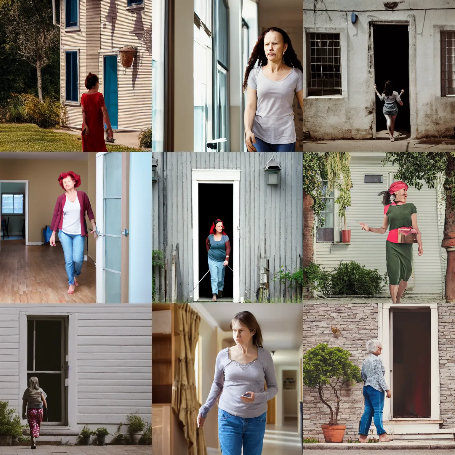 Prompt: a woman walking in a house, a stock photo by marilyn bendell, featured on shutterstock, verdadism, stock photo, movie still, stockphoto