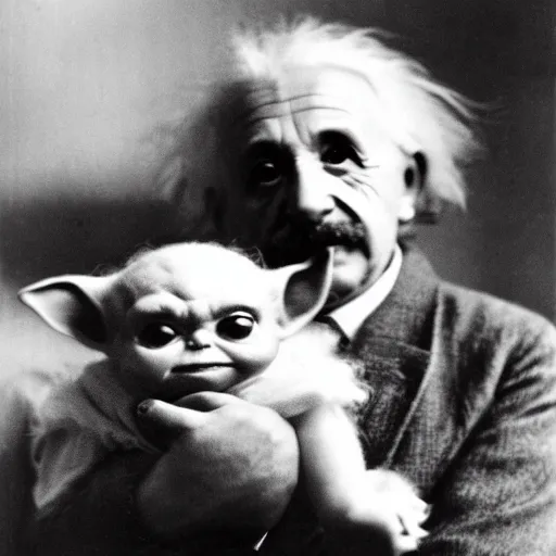 Prompt: b&w photo of Einstein holding baby Yoda on his arm