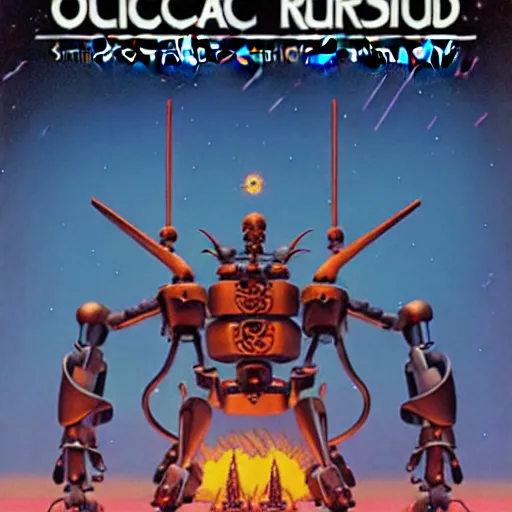 Image similar to occult mobile suit inscribed with satanic runes, demonic mechanical exoskeleton wearing magical hardsurface armour by simon stalenhag, frank gehry, rob gonsalves, carole feuerman, bandai box art