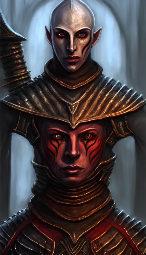 Image similar to hyperrealistic full body imsage of morrowind dunmer male nerevarine in front of balmora, red eyes, 3 / 4 portrait, symmetrical face, handsome face, full body dnd character portrait, medieval armor, morrowind armor, oblivion armor, skyrim armor, eso armor, intricate, highly detailed, elegant, 4 k, artstation, deviantart