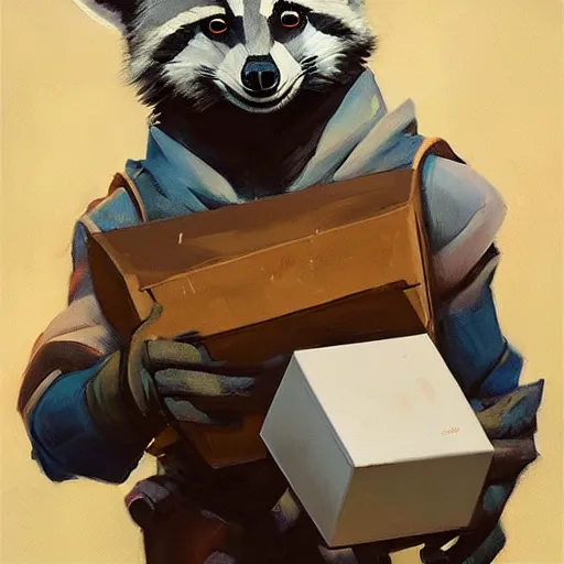 Prompt: greg manchess painting of a trash panda character, holding a box of cables and standing next to old electronic equiptment, medium shot, asymmetrical, profile picture, organic painting, night time, matte painting, bold shapes, hard edges, street art, trending on artstation, by huang guangjian and gil elvgren and sachin teng