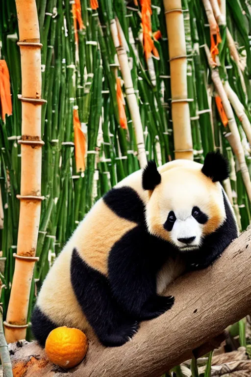 Prompt: Panda on orange chothes, bamboos on background