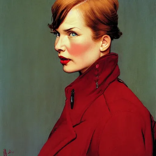 Prompt: frontal portrait of a woman with ice Blue eyes, straight bangs and a red coat, by Norman Rockwell and Gerald Brom