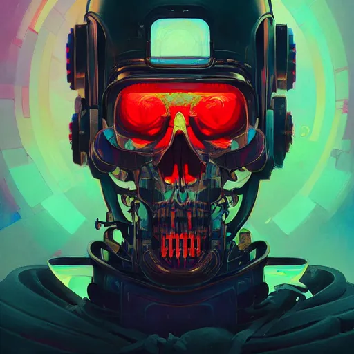 Prompt: a beautiful portrait painting of a cyberpunk skull by sachin teng and pascal blanche and alphonse mucha and nekro and josan gonzalez and rhads and ruan jia. in style of digital art. colorful comic, film noirs, symmetry, brush stroke, vibrating colors, hyper detailed. octane render. trending on artstation