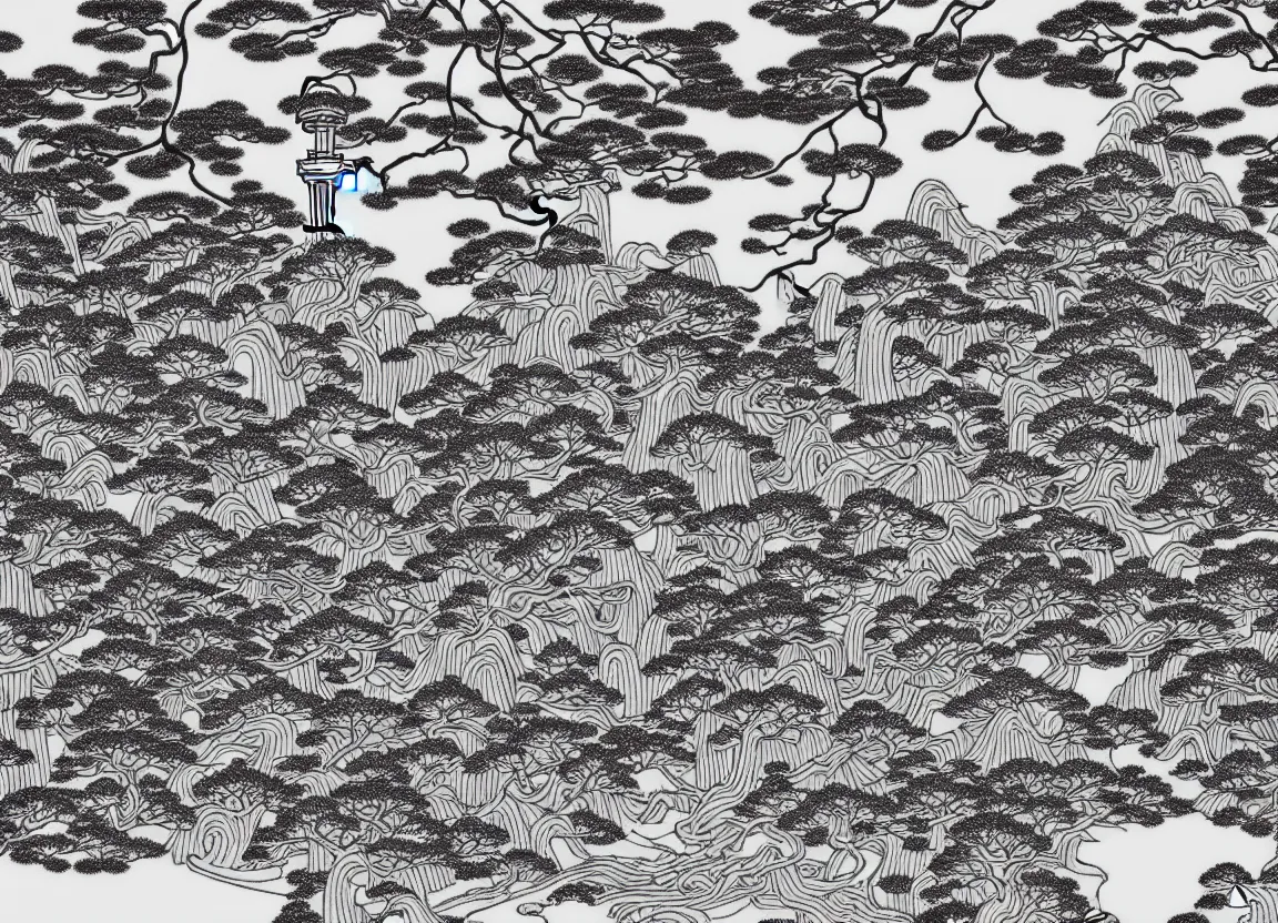 Prompt: realistic forest with an ancient Japanese shrine, Japanese Style, Monochrome, Plotter-art, Ukiyo-e