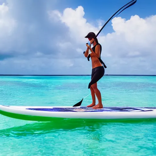 Image similar to a woman on a standup paddle board in the Maldives with a coconut drink, photo realistic, 8k