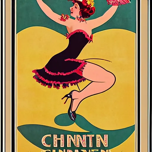 Prompt: art nouveau champagne poster with a happy girl dancing cancan