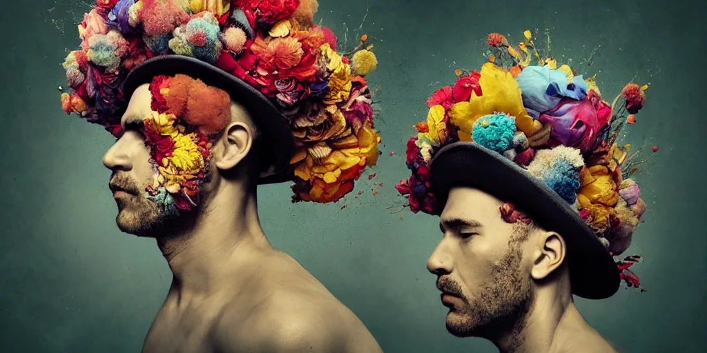 Image similar to an album cover of a man with a strange hat on his head by Alberto Seveso, behance contest winner, award winning, masterpiece, pop surrealism, made of flowers, surrealist-H 1024