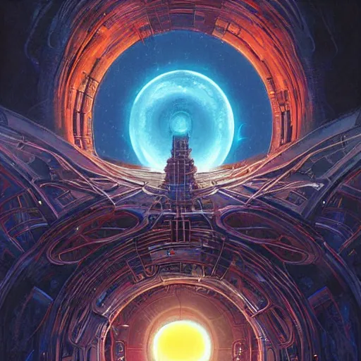 Prompt: a singular colossus eldtritch stargate portal leading to non - euclidean labyritnths sprawling across a network of universes, john harris, moebius, dan mumford, peter elson, aerial perspective, a detailed painting, artstation, color scheme by jeremiah ketner