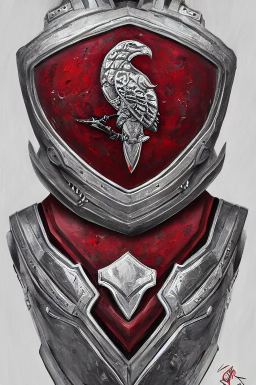 Prompt: A set of armor, intricate, Silver, red, ruby, empty, falcon-themed, acrylic painting, trending on artstation, artstationHD, artstationHQ