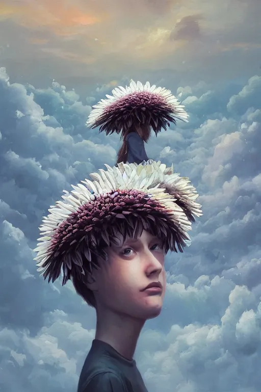 Prompt: closeup, giant daisy flowers head, two girl between monsteras, surreal photography, wind and cold, dramatic sky, impressionist painting, digital painting, artstation, simon stalenhag