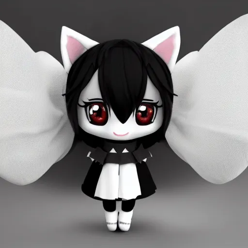 Prompt: cute fumo plush of a catgirl in a hoodie, anime girl, anime ears, chibi, black and white, vray