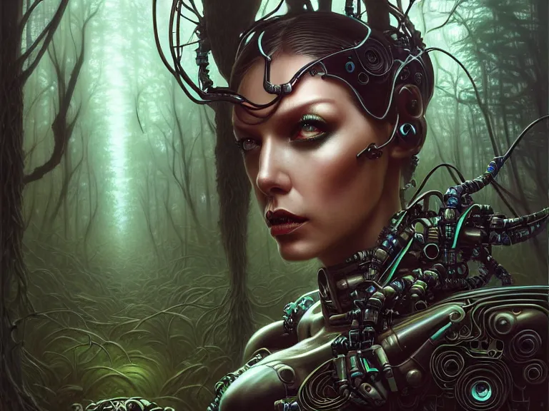 Image similar to portrait shot of a cyberpunk robot woman, in a forest, intricate, elegant, highly detailed, centered, digital painting, artstation, concept art, smooth, sharp focus, illustration, artgerm, tomasz alen kopera, peter mohrbacher, donato giancola, joseph christian leyendecker, wlop, boris vallejo