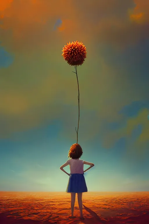 Image similar to closeup giant dahlia flower head, girl standing on beach, surreal photography, blue sky, sunrise, dramatic light, impressionist painting, digital painting, artstation, simon stalenhag