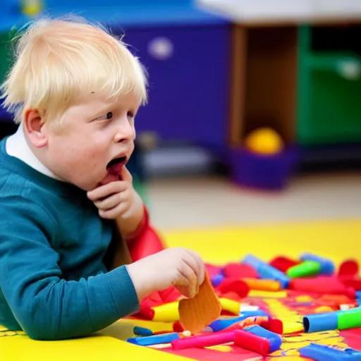 Prompt: Boris Johnson eating crayons while sitting on kindergarten puzzle floor, full body