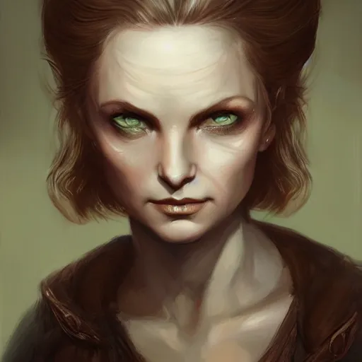 Image similar to a detailed matte head - on portrait painting of an middle - aged half - tiefling noblewoman with golden eyes and short well kept hair, by charlie bowater, lise deharme, wlop, tending on arstation, dungeons and dragon, dnd, pathfinder, fanart, oil on canvas