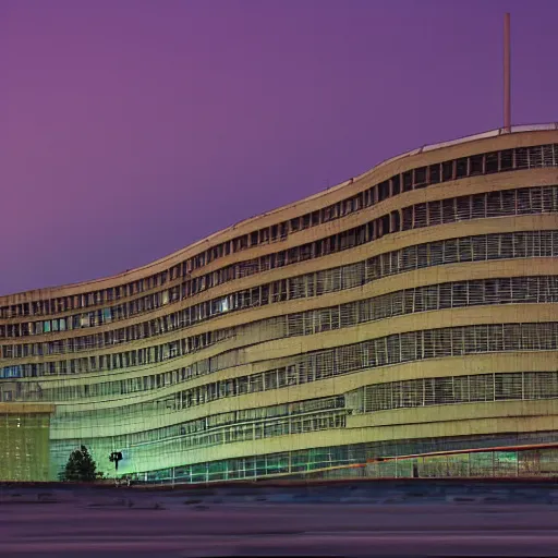 Image similar to a wide shot of a soviet beautiful brutalist monumental multi - building structure, tall buildings with spaceship parking lots on top, with many rounded elements sprouting from the base tower creating a feel of an organic structure, photography shot at blue hour