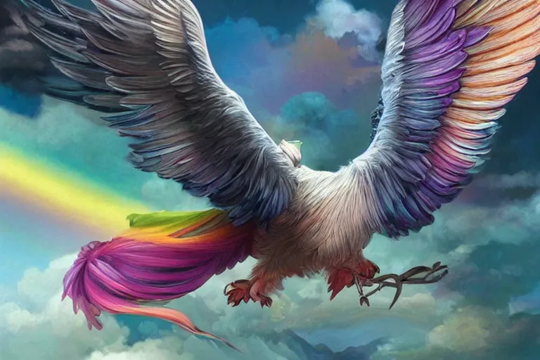 Prompt: a rainbow feathered pig with wings, flying above a tropical forest, HD, illustration, epic, D&D, fantasy, intricate, elegant, highly detailed, digital painting, artstation, concept art, smooth, sharp focus, illustration, wallpaper, art by artgerm and greg rutkowski and alphonse mucha and jin xiaodi and anthony devine