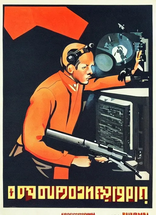 Prompt: a Soviet Russia propaganda poster of a programmer shooting a gun at a computer