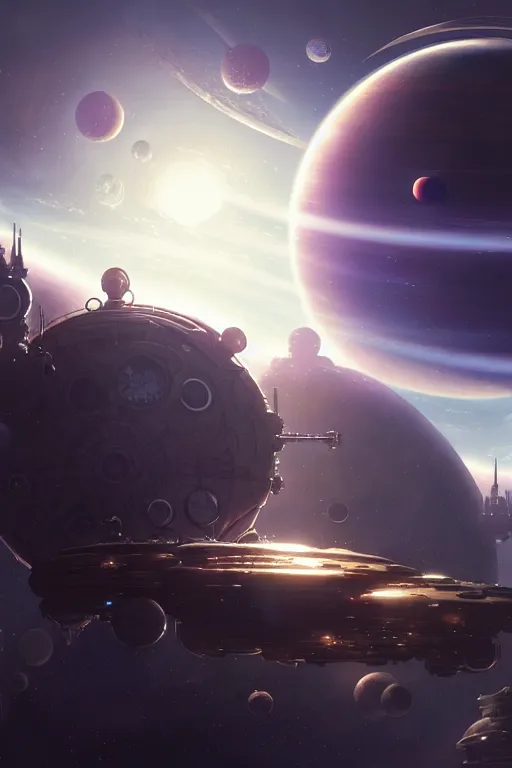 Prompt: steampunk spaceship infront of a planet, exquisite details, denoised, mid view, by karl kopinski, artsation, greg rutkowski, makoto shinkai, takashi takeuchi, studio ghibli