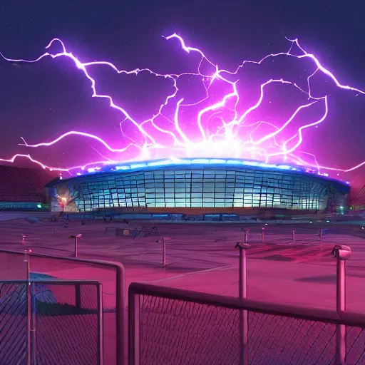 Image similar to Hockey stick with lightning bolts coming out of it. Bright lights hockey arena in the background. Digital art by Beeple