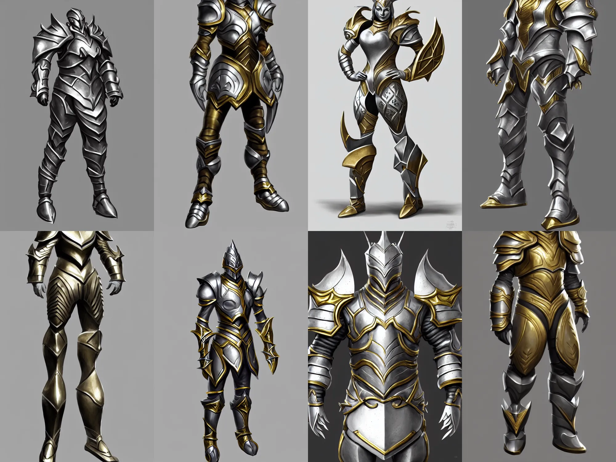 Prompt: bulky fantasy armor, silver with gold trim, extremely polished, exaggerated proportions, flat shading, smooth, uncluttered, extremely clean, trending on artstation, trending on polycount, fantasy character portrait, professional concept art, front view, A-pose, full body